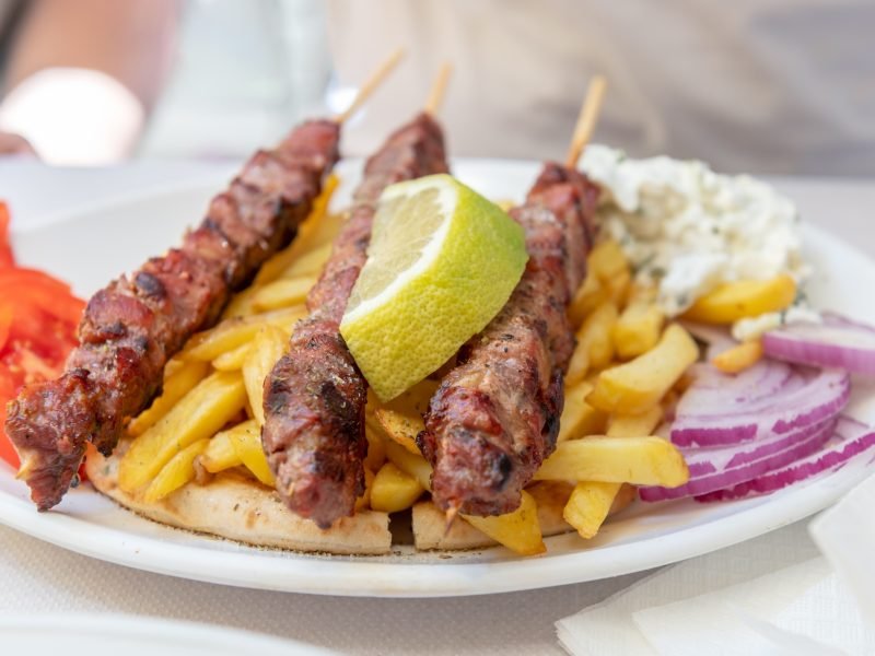 Kebab Beef Souvlaki in greek tavern
